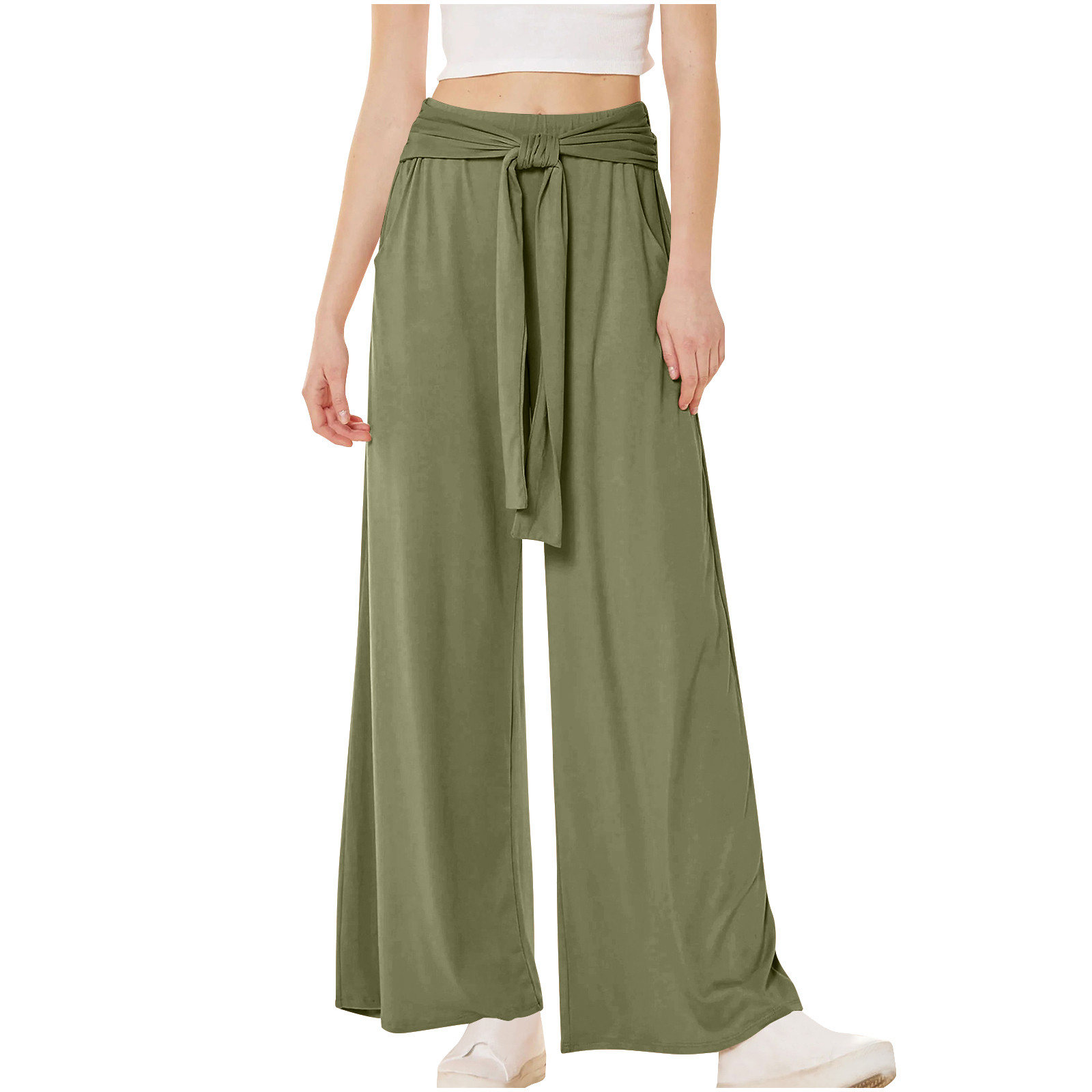 Wyobmus Womens Wide Leg Palazzo Pants High Waisted Adjustable Tie Knot Flowy Trousers Casual Loose Lounge Pant With Pockets Olive Green